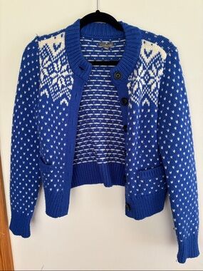 LL Bean Cozy Blue Fair Isle Button-Up Sweater Cardigan size Small